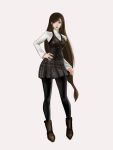  1girl brown_eyes cosplay drellatsun final_fantasy final_fantasy_vii full_body hand_on_hip highres long_hair looking_at_viewer low-tied_long_hair niijima_makoto niijima_makoto_(cosplay) pantyhose persona persona_5 shuujin_academy_uniform simple_background skirt smile solo tifa_lockhart waistcoat 