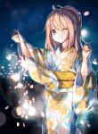  1girl :d bangs eyebrows_visible_through_hair fireworks floral_print grin highres holding japanese_clothes kagamihara_nadeshiko kimono lens_flare moon night night_sky one_eye_closed open_mouth pink_hair ponytail print_kimono reflection ringosutta senkou_hanabi sky smile solo sparkler sparks standing star_(sky) water yukata yurucamp 