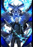  1boy arm_at_side black_gloves black_pants blue_coat blue_eyes blue_fire blue_vest buttons closed_mouth coat commentary_request cowboy_shot demon devil_may_cry devil_may_cry_5 devil_trigger fingerless_gloves fire frown gloves highres holding holding_sheath holding_sword holding_weapon horns katana long_coat looking_at_viewer male_focus multiple_horns ogata_tomio pants scabbard sheath short_hair solo sword vergil vest weapon white_background white_hair wings 