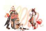  2020 aak absurd_res anthro arknights black_body black_fur black_hair canid canine clothed clothing felid female fur group hair hi_res holding_object horn hung_(arknights) male mammal multicolored_body multicolored_fur multicolored_hair orange_body orange_fur orange_hair pantherine shield short_hair sitting tiger tk3ntk video_games waaifu white_body white_fur white_hair 