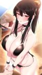  1boy 1girl akchu ass bangs bare_shoulders bikini black_bikini black_choker black_hair black_nails bloom blurry blurry_background blush bracelet breasts chobi_(akchu) choker cleavage collarbone commentary_request covered_nipples depth_of_field eyebrows_visible_through_hair hair_between_eyes hair_ribbon high_ponytail highres holding_hand holding_hands jewelry large_breasts long_hair looking_at_another multi-strapped_bikini o-ring o-ring_bikini o-ring_top original parted_lips ponytail red_eyes ribbon sidelocks solo_focus standing swimsuit 