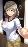  1girl bangs beppu_mitsunaka blush breasts buttons closed_eyes flying_sweatdrops grey_hair highres holding_hands large_breasts long_hair long_sleeves low_tied_hair open_mouth out_of_frame shirt smile solo_focus uzaki-chan_wa_asobitai! uzaki_tsuki wavy_mouth white_shirt 