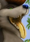  akr anthro bodily_fluids canid canine canis fur green_eyes hi_res male mammal mouth_shot rektalius saliva sharp_teeth smile solo tagme teeth tongue tree white_body white_fur wolf yellow_mouth yellow_tongue 
