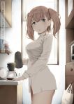  1girl atlanta_(kantai_collection) blush brown_hair coffee coffee_maker_(object) collared_shirt cowboy_shot drawer electric_plug electric_socket eyebrows_visible_through_hair from_side grey_eyes highres holding holding_kettle kantai_collection kettle kitchen_scale long_hair long_sleeves looking_at_viewer mirui2 oven parted_lips shelf shirt solo translation_request two_side_up weighing_scale white_shirt window 