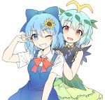  2girls antennae aqua_hair arm_up bangs blouse blue_dress blue_eyes blue_hair bow brown_eyes caramell0501 cirno dress eternity_larva eyebrows_visible_through_hair fairy_wings flower green_dress hair_bow hair_ornament hand_on_shoulder highres ice ice_wings leaf leaf_hair_ornament leaf_on_head looking_at_viewer multicolored multicolored_clothes multicolored_dress multiple_girls no_wings one_eye_closed open_mouth outstretched_arms red_bow red_ribbon ribbon salute shirt short_hair sleeveless sunflower touhou two-finger_salute white_background white_blouse white_shirt wing_collar wings 