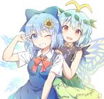  2girls antennae aqua_hair arm_up bangs blouse blue_dress blue_eyes blue_hair bow brown_eyes caramell0501 cirno commentary_request dress eternity_larva eyebrows_visible_through_hair fairy_wings flower green_dress hair_bow hair_ornament hand_on_shoulder highres ice ice_wings leaf leaf_hair_ornament leaf_on_head looking_at_viewer multicolored multicolored_clothes multicolored_dress multiple_girls no_wings one_eye_closed open_mouth outstretched_arms red_bow red_ribbon ribbon salute shirt short_hair sleeveless sunflower touhou two-finger_salute white_background white_blouse white_shirt wing_collar wings 