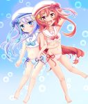  &gt;_&lt; 2girls :3 :d air_bubble alternate_costume arm_behind_head arm_up bangs bare_arms bare_legs bare_shoulders barefoot beret bikini blue_background blue_bow blue_eyes blue_hair blush bow brown_eyes bubble bunny_hair_ornament commentary_request crescent crescent_hair_ornament eyebrows_visible_through_hair fang gradient gradient_background hair_between_eyes hair_ornament hat kantai_collection locked_arms long_hair low-tied_long_hair multiple_girls navel open_mouth pink_bow red_bow red_hair sailor_bikini sailor_collar shiruzu_(sills_ud) side-tie_bikini smile striped striped_bikini striped_bow swimsuit uzuki_(kantai_collection) very_long_hair white_bikini white_headwear white_sailor_collar yayoi_(kantai_collection) 
