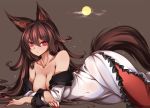  1girl animal_ears breasts brown_hair cleavage commentary_request covered_navel crossed_arms curvy dress expressionless eyebrows_visible_through_hair highres imaizumi_kagerou large_breasts long_hair looking_at_viewer lying moon off_shoulder raptor7 red_eyes simple_background solo tail thighs touhou very_long_hair wavy_hair wide_hips wolf_ears wolf_girl wolf_tail 