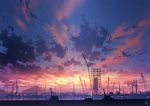  blue_sky blurry blurry_foreground cityscape cloud cloudy_sky commentary_request crane_(machine) depth_of_field gradient_sky mocha_(cotton) no_humans original river scaffolding scenery signature sky sunset water yellow_sky 