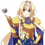  1girl alice_schuberg armor bangs blonde_hair blue_cape blue_dress blue_eyes blush breastplate cape closed_mouth commentary_request dated dot_nose dress frown hair_intakes hairband hand_on_hip hand_up highres index_finger_raised looking_at_viewer pauldrons shikei short_hair_with_long_locks shoulder_armor sidelocks signature simple_background solo sword_art_online upper_body white_background 