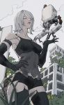 1girl android armlet bangs bare_shoulders black_gloves black_legwear black_shorts building closed_eyes cloud elbow_gloves from_below gloves hair_over_one_eye hand_on_hip highres joints mole mole_under_mouth nier_(series) nier_automata oimkimn outdoors overgrown parted_lips plant pod_(nier_automata) post-apocalypse robot_joints rubble ruins short_hair shorts sky tank_top thighhighs yorha_type_a_no._2 