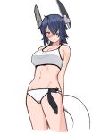  1girl bikini breasts brown_eyes cleavage collarbone cropped_legs eyepatch groin hair_over_one_eye headgear innertube kantai_collection large_breasts navel purple_hair short_hair simple_background solo swimsuit tenryuu_(kantai_collection) tsurugi_muda white_background white_bikini 