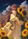  1girl :d absurdres bangs breasts brown_hair cleavage cloud collarbone dress dress_lift eyebrows_visible_through_hair flower highres holding holding_flower huge_filesize jisu_lee leaf lifted_by_self medium_breasts meteor open_mouth original sky smile solo star_(sky) starry_sky summer sundress sunflower sunlight sunset upper_body yellow_dress yellow_eyes 