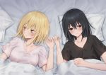  2girls bangs bed_sheet black_eyes black_hair black_shirt blonde_hair breasts brown_eyes collarbone commentary_request eyebrows_visible_through_hair hair_between_eyes hand_up highres looking_away looking_to_the_side lying medium_breasts multiple_girls on_back original pillow piripun shirt short_sleeves signature small_breasts under_covers upper_body white_shirt yuri 