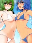 2girls asymmetrical_docking bikini blue_bikini blue_bow blue_hair bow breast_press breasts cirno closed_mouth daiyousei eyebrows_visible_through_hair fairy_wings green_eyes hair_bow hekiga_(freelot) highres ice ice_wings looking_at_viewer medium_breasts multiple_girls navel open_mouth short_hair small_breasts sweat swimsuit tan touhou white_bikini wings 