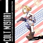  1girl ahoge american_flag american_flag_print bare_shoulders blonde_hair boots breasts character_name circle_a commentary_request english_text eyebrows_visible_through_hair flag_print full_body girls_frontline gloves gun handgun high_heel_boots high_heels highres holding holding_gun holding_weapon looking_at_viewer m1911 m1911_(girls_frontline) necktie pistol short_hair skirt sleeveless solo star_(symbol) striped striped_background striped_legwear thighhighs weapon 