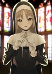  1girl absurdres bangs blurry blurry_background brown_eyes brown_hair cross gloves habit highres indoors irise long_hair long_sleeves nijisanji sister_cleaire solo stained_glass standing upper_body very_long_hair virtual_youtuber white_gloves 