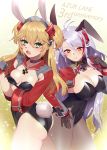  2girls admiral_hipper_(azur_lane) animal_ears ass azur_lane black_leotard blonde_hair breasts bunny_ears bunny_girl bunnysuit detached_sleeves eyebrows_visible_through_hair green_eyes highres large_breasts leotard long_hair mimiko_(fuji_310) mole mole_on_breast multiple_girls open_mouth pantyhose prinz_eugen_(azur_lane) red_eyes silver_hair small_breasts very_long_hair 