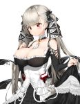  1girl azur_lane between_breasts black_dress black_nails blush breasts cleavage dress earrings eyebrows_visible_through_hair flight_deck formidable_(azur_lane) frilled_dress frills grey_hair hair_ribbon highres jewelry large_breasts long_hair pixel_(yuxian) platinum_blonde_hair red_eyes ribbon simple_background solo twintails two-tone_dress two-tone_ribbon very_long_hair white_background 