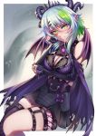  1girl arm_under_breasts bangs black_legwear black_nails blue_hair blush bow breasts bsapricot_(vtuber) caiman-pool cape chain cleavage copyright_request demon_girl demon_horns demon_wings detached_sleeves dress earrings frown green_hair head_tilt highres horns jewelry looking_at_viewer medium_breasts official_art pointy_ears purple_bow purple_hair ring short_hair_with_long_locks sidelocks single_thighhigh sitting skindentation skull solo thigh_strap thighhighs thighs tiara wings 
