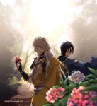  2boys black_gloves black_hair flower forest gloves hydrangea japanese_clothes kariginu kogitsunemaru lens_flare male_focus mikazuki_munechika multiple_boys nature partly_fingerless_gloves pom_pom_(clothes) red_eyes sayagata smile sunlight sunomata touken_ranbu tree white_hair 