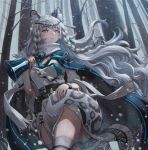  1girl animal_ear_fluff animal_ears arknights bell belt bracelet braid capelet highres jewelry leopard_ears leopard_tail long_hair long_skirt long_sleeves looking_to_the_side pelvic_curtain pramanix_(arknights) silver_eyes silver_hair skirt snow snowing solo tail thighhighs tsukizaki_shizuka turtleneck very_long_hair 