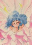  1980s_(style) 1girl absurdres blue_hair breasts cleavage closed_eyes earrings eyebrows_visible_through_hair from_above hair_ribbon highres inomata_mutsumi jewelry long_hair looking_up medium_breasts oldschool original petals ribbon signature smile solo wavy_hair 