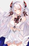  1girl absurdres azur_lane bare_shoulders blush breasts commentary_request cowboy_shot detached_collar elbow_gloves eyebrows_visible_through_hair eyes_visible_through_hair fingerless_gloves gloves highres ki-san_(konoha) large_breasts long_hair looking_at_viewer one_eye_closed prinz_eugen_(azur_lane) prinz_eugen_(symphonic_fate)_(azur_lane) ribbon solo white_hair 