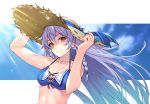  1girl absurdres bare_shoulders bikini bikini_top blue_sky braid breasts cleavage cloud collarbone granblue_fantasy hat highres holding holding_clothes holding_hat huge_filesize long_hair looking_at_viewer rumeha_(aormsj22) silva_(granblue_fantasy) silver_hair sky smile straw_hat sunlight swimsuit twin_braids upper_body yellow_eyes 