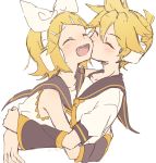  1boy 1girl arm_warmers bangs bare_shoulders black_collar black_sleeves blonde_hair blush bow cheek_kiss collar commentary cropped_torso fang furrowed_eyebrows hair_bow hair_ornament hairclip happy headphones highres hug kagamine_len kagamine_rin kiss leaning_forward m0ti neckerchief necktie open_mouth sailor_collar school_uniform shirt short_ponytail short_sleeves sleeveless sleeveless_shirt smile spiked_hair swept_bangs twitter_username upper_body vocaloid white_background white_bow white_shirt yellow_neckwear 