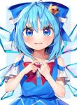  1girl adapted_costume arms_up bangs bare_shoulders blue_background blue_dress blue_eyes blue_hair blush bow bowtie cirno collarbone commentary_request crown dress embarrassed eyebrows_visible_through_hair grimace gunjou_row hair_ribbon hands_on_own_chest highres looking_at_viewer mini_crown parted_lips partial_commentary pinafore_dress raglan_sleeves red_neckwear ribbon short_hair simple_background solo spoken_blush standing sweatdrop touhou upper_body wavy_mouth wings 