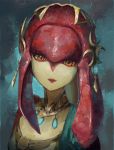  1girl breasts closed_mouth commentary_request fins fish_girl fjsmu hair_ornament highres jewelry lips long_hair looking_at_viewer mipha monster_girl multicolored multicolored_skin no_eyebrows pointy_ears red_hair red_skin smile solo the_legend_of_zelda the_legend_of_zelda:_breath_of_the_wild upper_body yellow_eyes zora 
