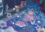  1girl absurdres afloat arm_tattoo bath bathing bathroom bathtub blue_eyes blue_hair constellation cony_lotte crescent cupping_hands detached_sleeves_removed digital_media_player hair_flowing_over hatsune_miku highres knees_up musical_note necktie necktie_removed night night_sky nude number partially_submerged ribbon ripples sitting sky soap soap_bottle solo star_(symbol) tattoo tile_floor tiles touchscreen twintails vocaloid water wet wet_hair window 