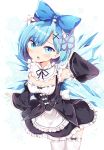  :o apron arm_behind_head arm_up armpits back_bow bangs barefoot black_dress black_ribbon blue_bow blue_eyes blue_hair blush bow breasts cirno cleavage cosplay cowboy_shot detached_collar detached_sleeves dress eyebrows_visible_through_hair frilled_dress frilled_sleeves frills hair_bow hair_ornament hair_ribbon hairband hairclip highres leaning_forward lolita_hairband long_sleeves looking_at_viewer maturiuta_sorato open_mouth purple_ribbon re:zero_kara_hajimeru_isekai_seikatsu rem_(re:zero) rem_(re:zero)_(cosplay) ribbon short_hair simple_background small_breasts snowflakes thighhighs touhou underbust waist_apron white_apron white_background white_bow white_legwear zettai_ryouiki 