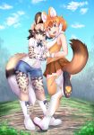  2girls :d african_wild_dog_(kemono_friends) african_wild_dog_print animal_ear_fluff animal_ears animal_print bare_arms bare_shoulders black_hair blue_shorts bodystocking boots bow bowtie breast_pocket brown_eyes brown_hair brown_skirt commentary_request cutoffs day denim denim_shorts dhole_(kemono_friends) dog_ears dog_girl dog_tail extra_ears fang full_body gloves hand_up highres holding_hands interlocked_fingers kemono_friends kemono_friends_3 light_brown_hair long_sleeves looking_at_viewer looking_back medium_hair miniskirt multicolored_hair multiple_girls ninoji open_mouth outdoors paw_shoes pleated_skirt pocket print_legwear print_sleeves shirt shoe_soles shoes short_over_long_sleeves short_sleeves shorts sidelocks skirt sleeveless sleeveless_shirt smile standing standing_on_one_leg tail thighhighs two-tone_hair upper_teeth white_gloves white_hair white_shirt yellow_eyes zettai_ryouiki 