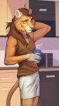  2020 5_fingers anthro brown_hair brown_nose clothed clothed_eyes clothing detailed_background digital_media_(artwork) felid fingers hair hi_res hinar_miler lion male mammal pantherine solo 