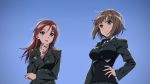  2girls blue_eyes brave_witches breasts brown_hair eyebrows_visible_through_hair gundula_rall hand_on_hip hand_on_own_chin highres kogarashi51 large_breasts long_hair looking_at_another military military_uniform minna-dietlinde_wilcke multiple_girls necktie red_eyes red_hair short_hair simple_background smile strike_witches uniform world_witches_series 