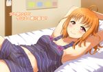  1girl ahoge armpits arms_up bare_arms bed blush breasts buttons cleavage closed_mouth collarbone cowboy_shot eyebrows_visible_through_hair hair_down looking_at_viewer love_live! love_live!_sunshine!! lying medium_breasts navel on_back on_bed orange_hair pajamas qy short_hair shorts smile solo takami_chika 