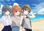  3girls :d ahoge arm_up bangs beach black_hair black_pants blue_eyes blue_pants blue_skirt blush brown_eyes brown_hair closed_mouth collared_shirt commentary_request copyright_request day dress_shirt eyebrows_visible_through_hair grey_jacket grey_shirt grey_vest hair_between_eyes hand_behind_head hand_up highres horizon index_finger_raised jacket low_twintails minamoto_mamechichi multiple_girls ocean off_shoulder official_art open_clothes open_jacket open_mouth outdoors pants pleated_skirt sand shirt short_sleeves skirt sleeveless sleeveless_shirt smile twintails upper_teeth vest watermark white_shirt 