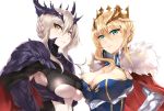  2girls artoria_pendragon_(all) artoria_pendragon_(lancer) artoria_pendragon_(lancer_alter) bangs blonde_hair blue_leotard braid breasts cape crown fate/grand_order fate_(series) french_braid fur-trimmed_cape fur_trim green_eyes hair_between_eyes highres koufu_(seratin) large_breasts leotard multiple_girls red_cape revealing_clothes sidelocks simple_background swept_bangs underboob upper_body white_background yellow_eyes 