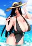  1girl black_eyes black_hair black_swimsuit blue_sky breasts cleavage cloud hair_over_one_eye half-closed_eyes hat large_breasts long_hair looking_at_viewer mole mole_under_mouth ocean one-piece_swimsuit original outdoors rototika sky smile solo sun_hat swimsuit very_long_hair wading 