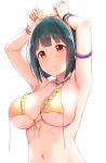  1girl adjusting_clothes adjusting_headwear armpits bangs bikini blush bracelet breasts cai_geng cleavage commentary_request eyebrows_visible_through_hair front-tie_bikini front-tie_top green_hair hairband highres idolmaster idolmaster_(classic) jewelry large_breasts mole mole_under_mouth navel necklace otonashi_kotori short_hair sidelocks simple_background smile solo swimsuit underboob white_background yellow_eyes 