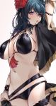  1girl :o absurdres adjusting_clothes adjusting_swimsuit arm_strap arm_up bangs bikini black_bikini blue_hair blush breasts byleth_(fire_emblem) byleth_(fire_emblem)_(female) capelet choker cleavage covered_nipples fire_emblem fire_emblem:_three_houses fire_emblem_heroes flower hair_between_eyes hair_flower hair_ornament highres jewelry kilalesi large_breasts leg_garter looking_at_viewer medium_hair midriff navel necklace open_mouth sideboob skindentation solo swimsuit tassel 