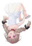  1girl :o bare_legs bare_shoulders barefoot_sandals black_ribbon blush braid collar collarbone dress falling full_body grey_hair hair_ribbon highres long_hair makaino_ririmu multicolored_hair nijisanji open_mouth pointy_ears red_collar red_eyes red_hair ribbon sabamen sandals see-through simple_background solo strap_slip streaked_hair twin_braids twintails upside-down virtual_youtuber white_background white_dress 