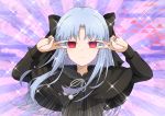  1girl azami_masurao bangs black_bow black_coat blue_hair bow capelet closed_mouth coat commentary_request double_v emotional_engine_-_full_drive empty_eyes expressionless eyebrows_visible_through_hair fate/grand_order fate_(series) fur-trimmed_capelet fur_trim hair_bow highres len long_sleeves looking_at_viewer melty_blood multicolored multicolored_background parody parted_bangs pom_pom_(clothes) red_eyes sidelocks solo sparkle tsukihime upper_body v winter_clothes 