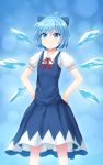  1girl aposine aqua_background aqua_eyes aqua_hair bare_legs blouse blue_bow blue_dress blue_eyes blue_hair bow cirno dress eyebrows_visible_through_hair feet_out_of_frame flat_chest hair_bow hands_on_hips highres ice ice_wings pinafore_dress puffy_short_sleeves puffy_sleeves red_neckwear short_hair short_sleeves smile solo touhou white_blouse wing_collar wings 