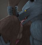  5_fingers anal anthro anthro_on_anthro backsack balls black_claws black_nose bodily_fluids brown_body brown_fur butt canid canine canis claws drooling duo erection faceless_male fingers fur genitals glistening_claws grey_background grey_body grey_fur hip_grab knot licking looking_at_another looking_at_partner male male/male mammal oral penis rimming saliva sex side_view simple_background snout tail_grab tallion tongue tongue_out were werecanid werecanine werewolf wolf yellow_eyes 
