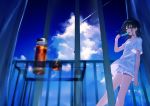  1girl achiki black_hair blue_eyes blue_sky blurry_foreground cloud condensation_trail day food leaning_back open_door original popsicle shirt short_hair shorts sky sliding_doors solo t-shirt wind 