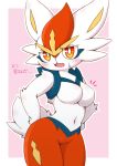  2020 acky05 anthro blush breasts cinderace featureless_breasts female hi_res looking_at_viewer navel nintendo open_mouth pok&eacute;mon pok&eacute;mon_(species) solo video_games 