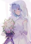  1girl bangs black_hairband blue_eyes blush bouquet breasts bridal_veil bride closed_mouth dress elbow_gloves flower gloves hair_between_eyes hair_ornament hairband highres holding holding_bouquet jewelry looking_at_viewer official_art ring ryuuou_no_oshigoto! shirabi short_hair silver_hair smile snowflake_hair_ornament solo sora_ginko veil wedding_dress wedding_ring white_dress 